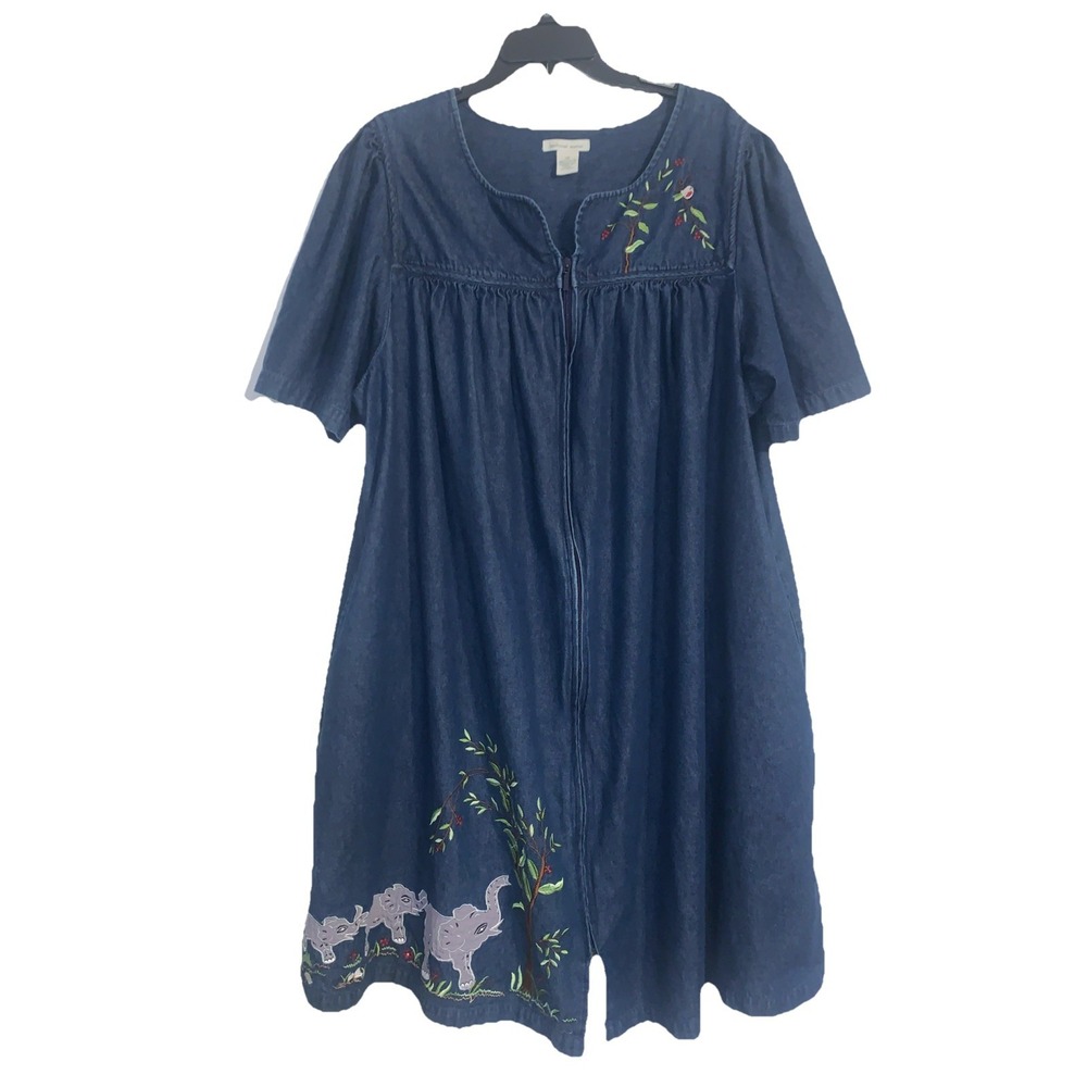 VTG Bechamel Dress 2X Denim Elephant Embroidered CottageCore Grandmacore Boho